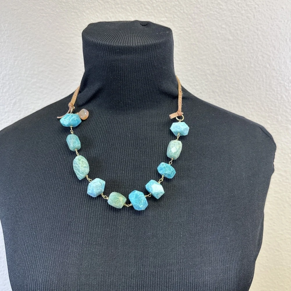 Large Chunky Faceted‎ Amazonite Polished Bead Statement Necklace Adjustable EUC